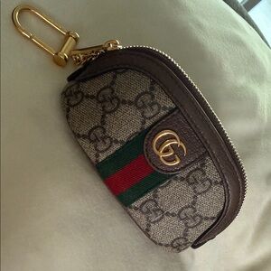 Gucci Beige Monogram Key Case with Green & Red Web and Gold Hardware